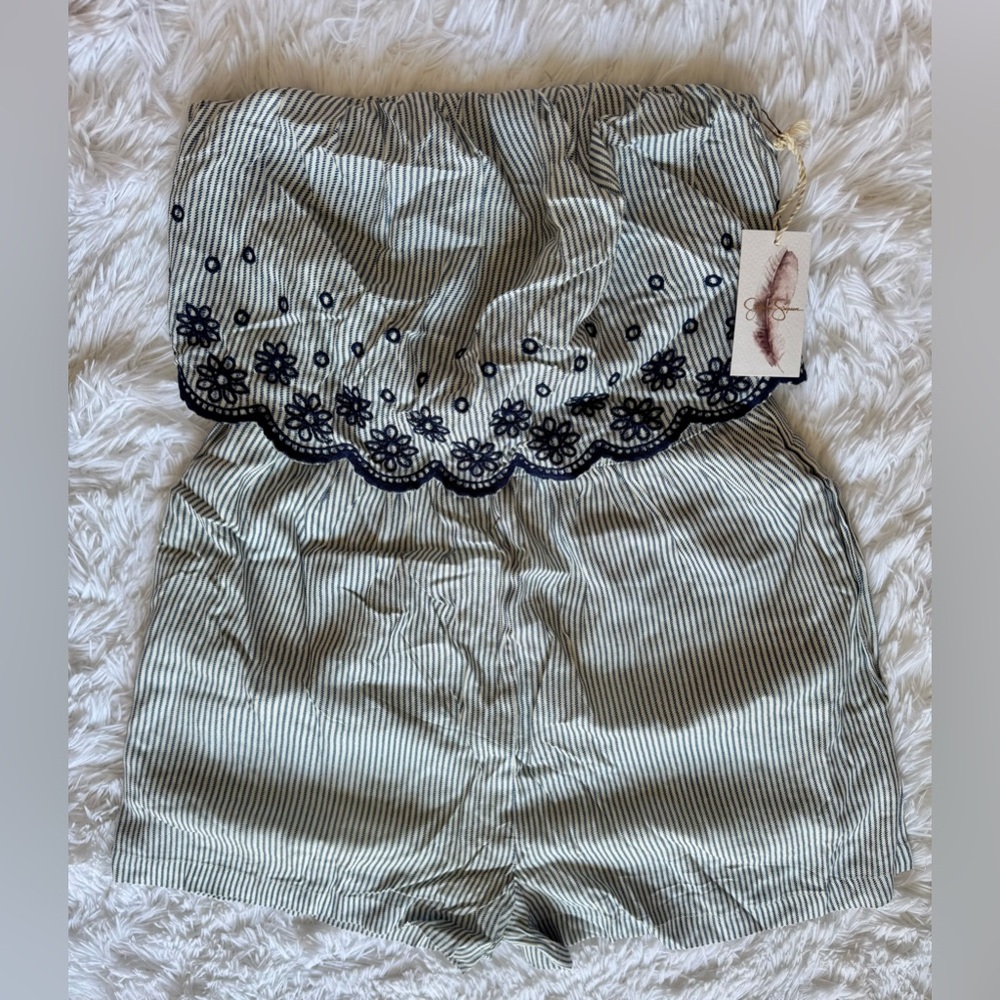 Jessica Simpson Striped Embroidered Strapless Romper Small